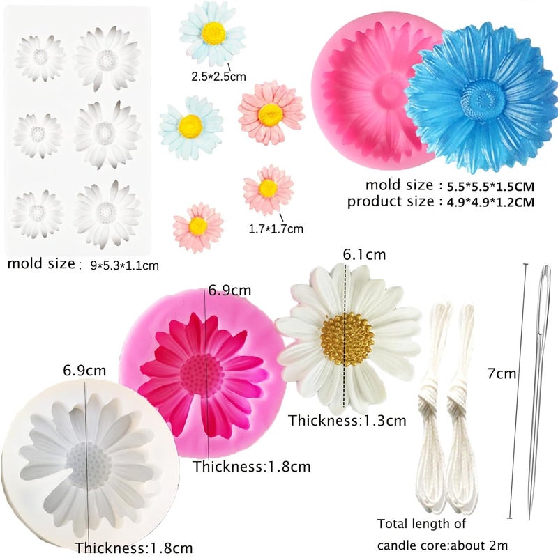 Nimozekd Chrysanthemum Daisy Silicone Mold 4 PCS Daisy Mold Resin Mold with Large-Eye Wicking Needle Candlewick for Scented Candle DIY Clay Craft Cake Decoration Cupcake Toppe - Image 2